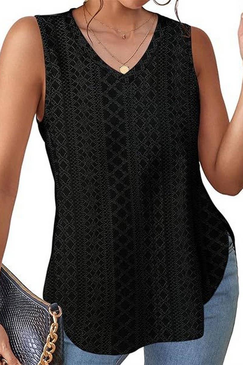 V NECK SLEEVELESS SLIT SOLID COLOR CASUAL SHIRT_CWTSTSL0069