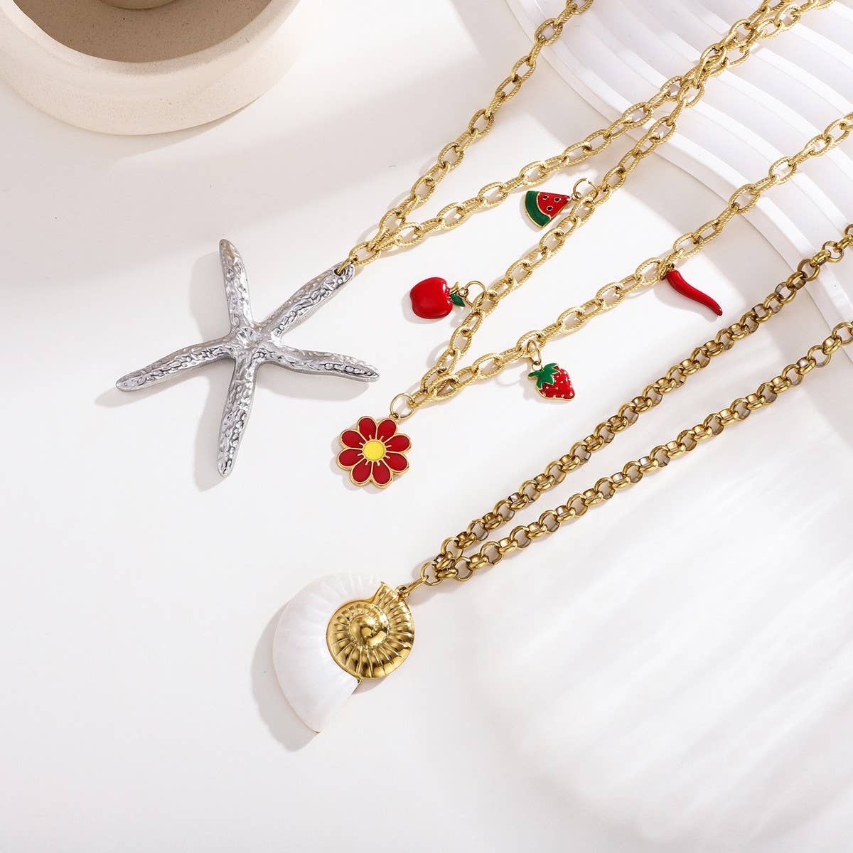 Bold Ocean Steel Necklace with Starfish & Shell_CWMM8852