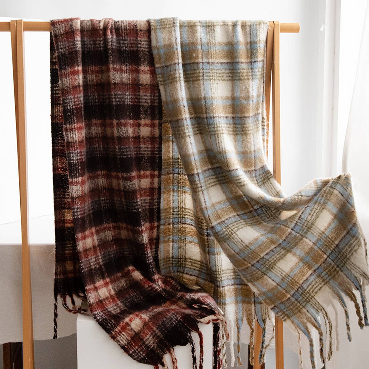 Fuzzy Plaid Scarf - Soft Tassel Wrap for Women