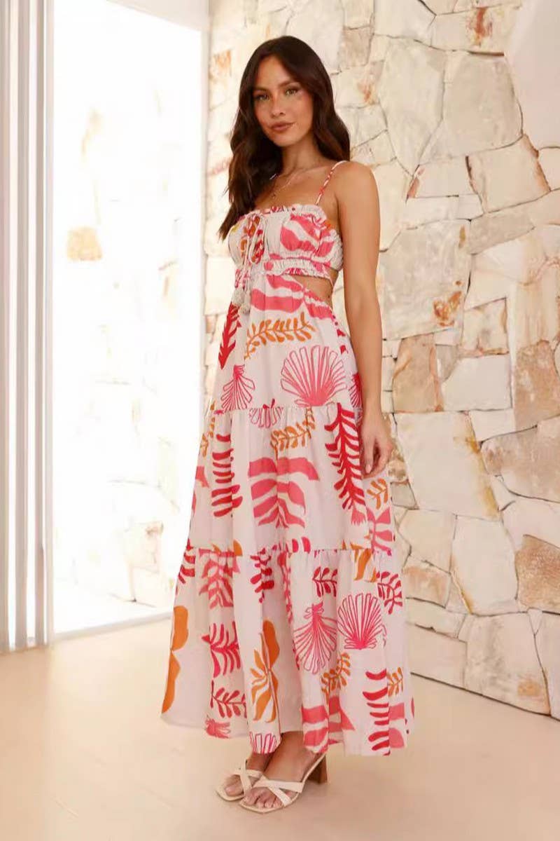 CWDMD5675_V-NECK SLEEVELESS SOLID SPLICED FLARE MAXI DRESS