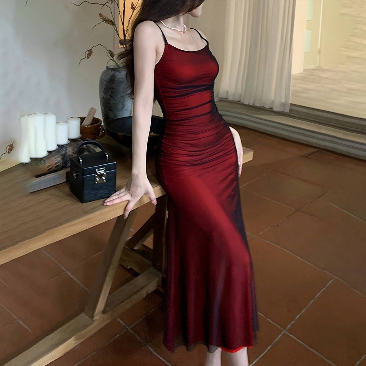 Sexy satin solid-color body-hugging halter dress