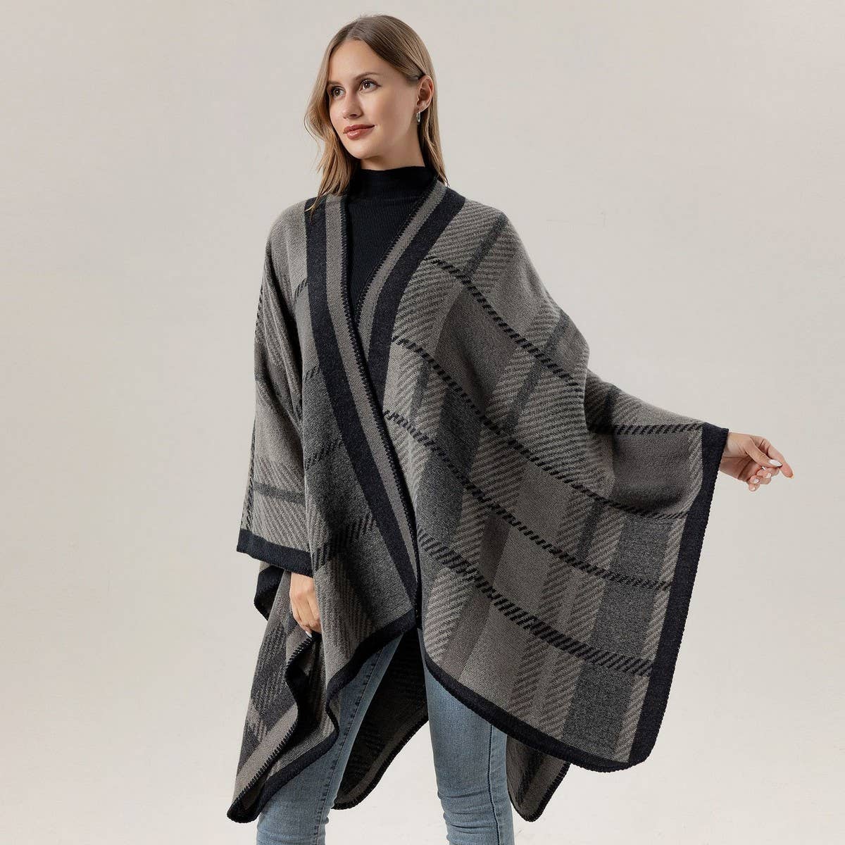 SHAWL FAUX CASHMERE JACQUARD SLIT CAPE