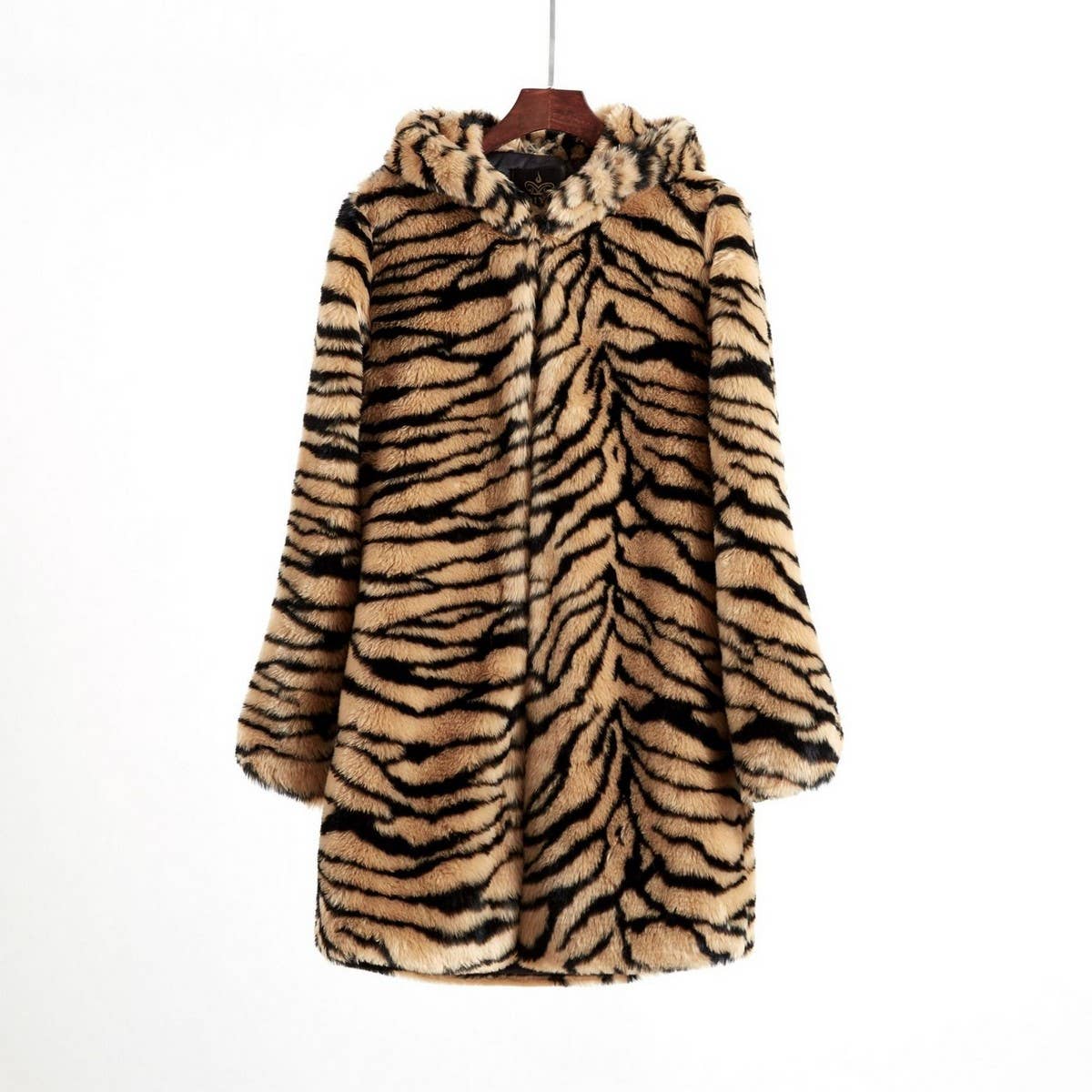 Thick Hooded Tiger Print Faux Fur Coat Women Mid