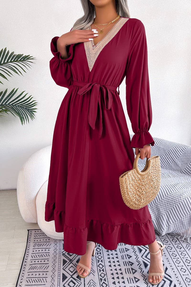 CWDMD4716_TEMPERAMENT V-NECK LACE WAIST RUFFLED LONG SKIRT