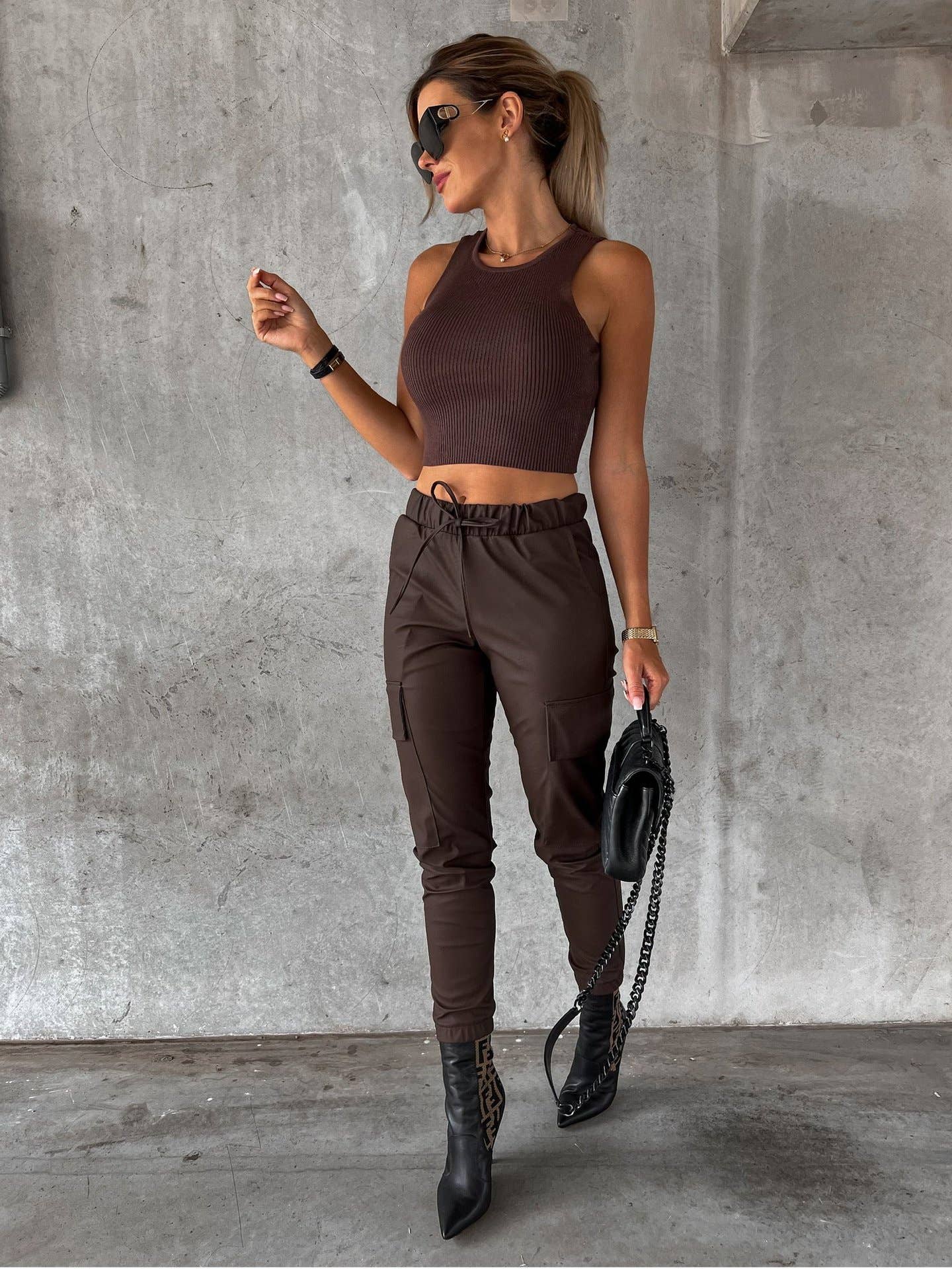 Waist-cinching street drawstring leather pants
