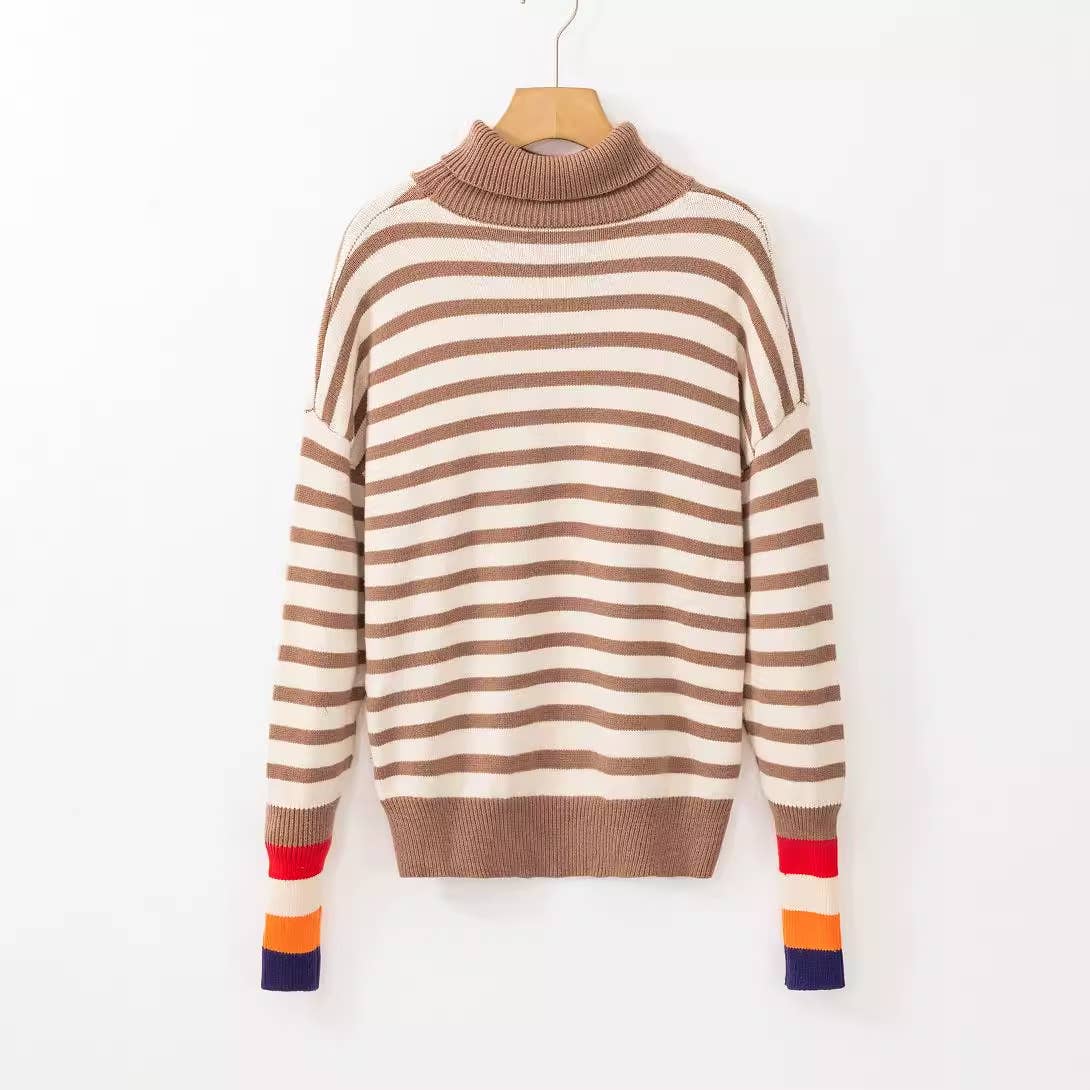 STRIPED TURTLENECK PULLOVER IN CONTRASTING COLORS