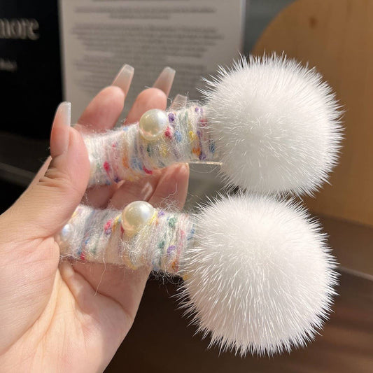 Fuzzy Mink Fur Ball Hair Clip, Winter Duckbill Pin