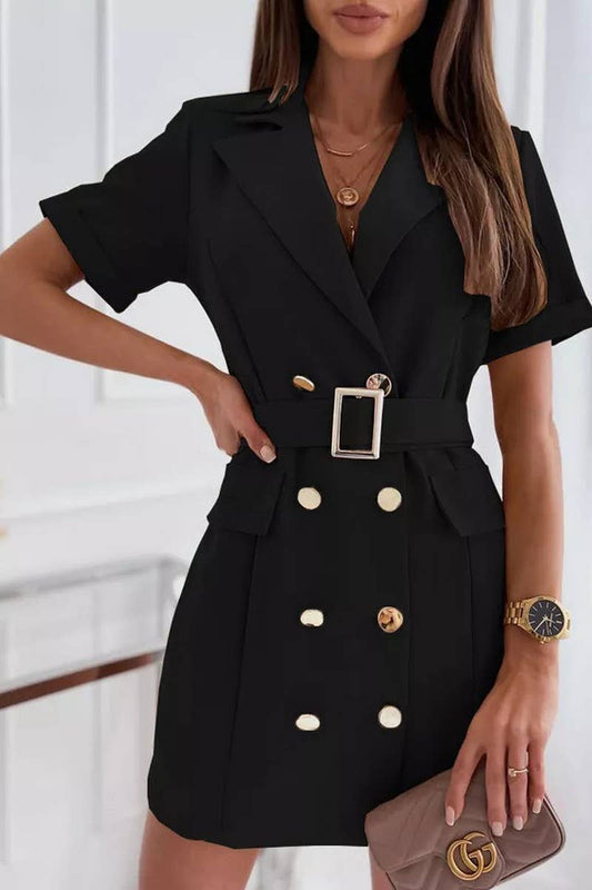 CWDSD6572_DOUBLE BREASTED BELTED SUIT COLLAR DRESS