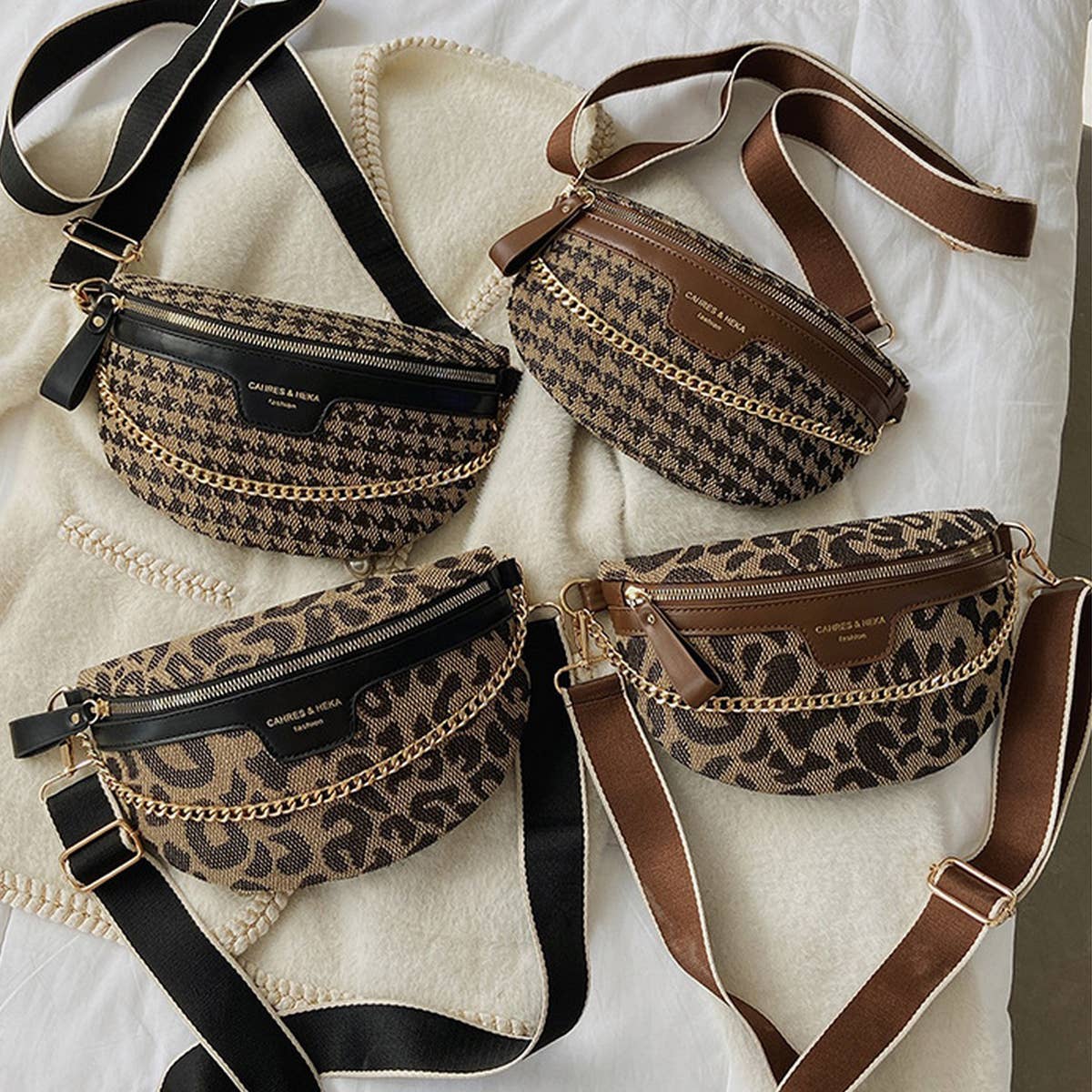 LEOPARD PRINT BLACK CHAIN STRAP FANNY BELT BAG_CWAB0923