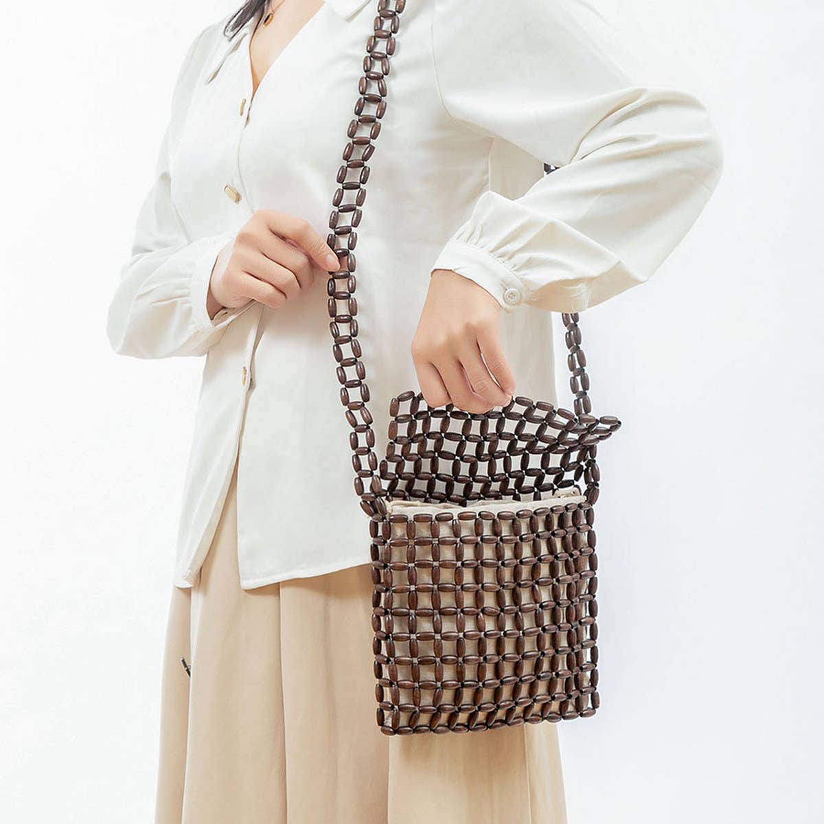 HANDMADE WOODEN BEAD WOVEN SHOULDER BAG_CWAB2009