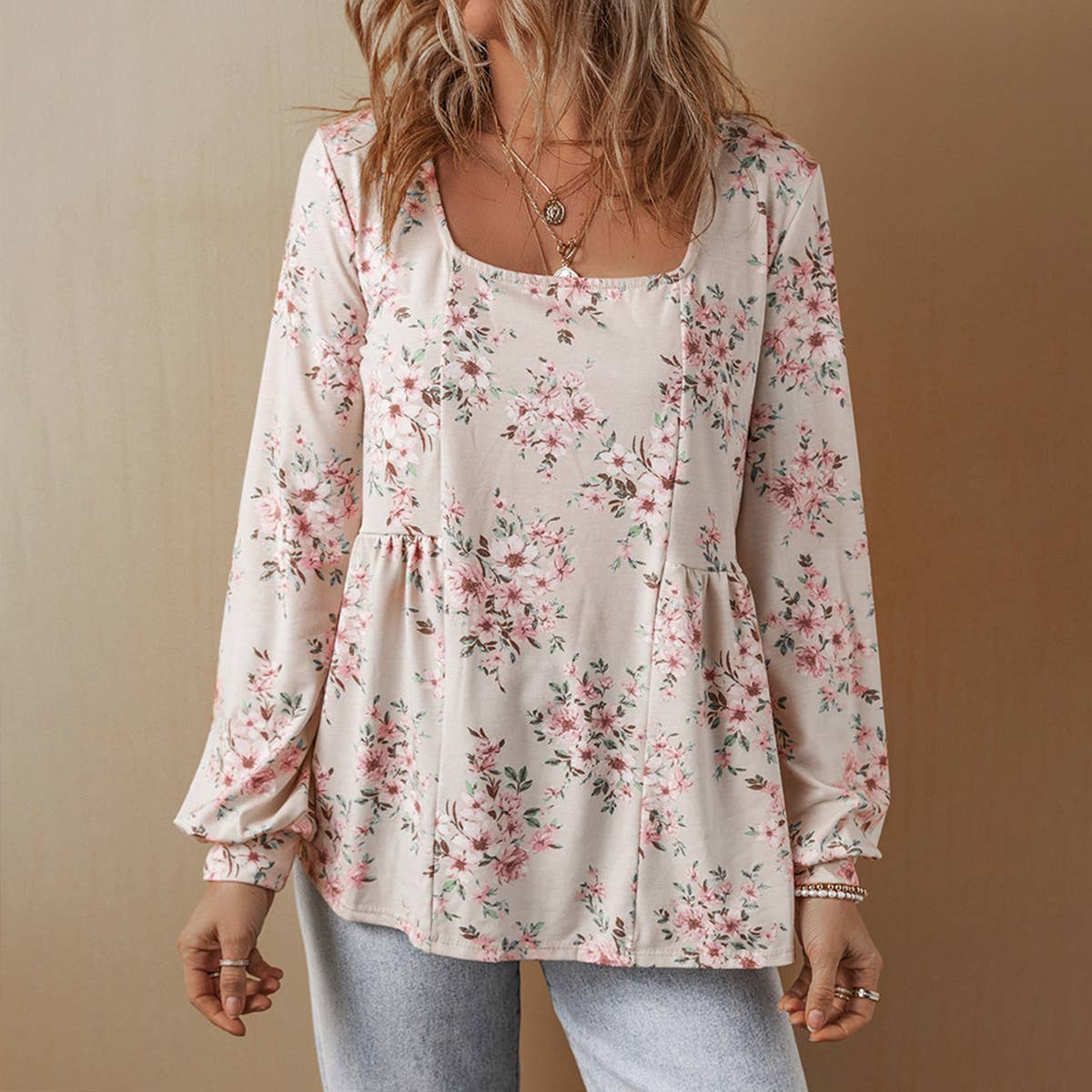 U-NECK FLORAL PRINT PLEATED LONG-SLEEVED TOP