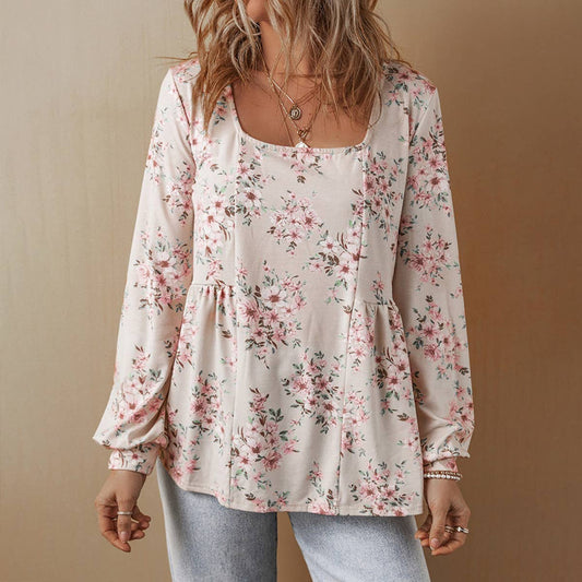 U-NECK FLORAL PRINT PLEATED LONG-SLEEVED TOP