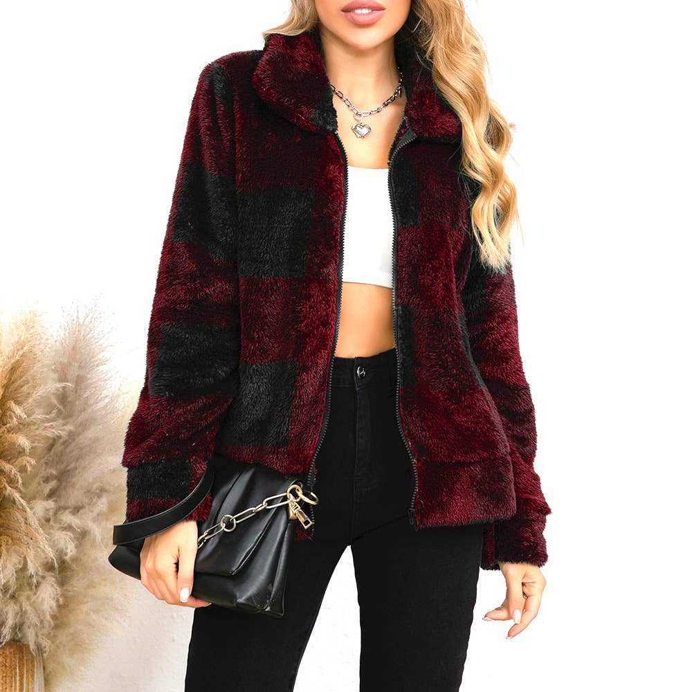 LAPEL LONG SLEEVE BAGGY CASHMERE PLAID JACKET