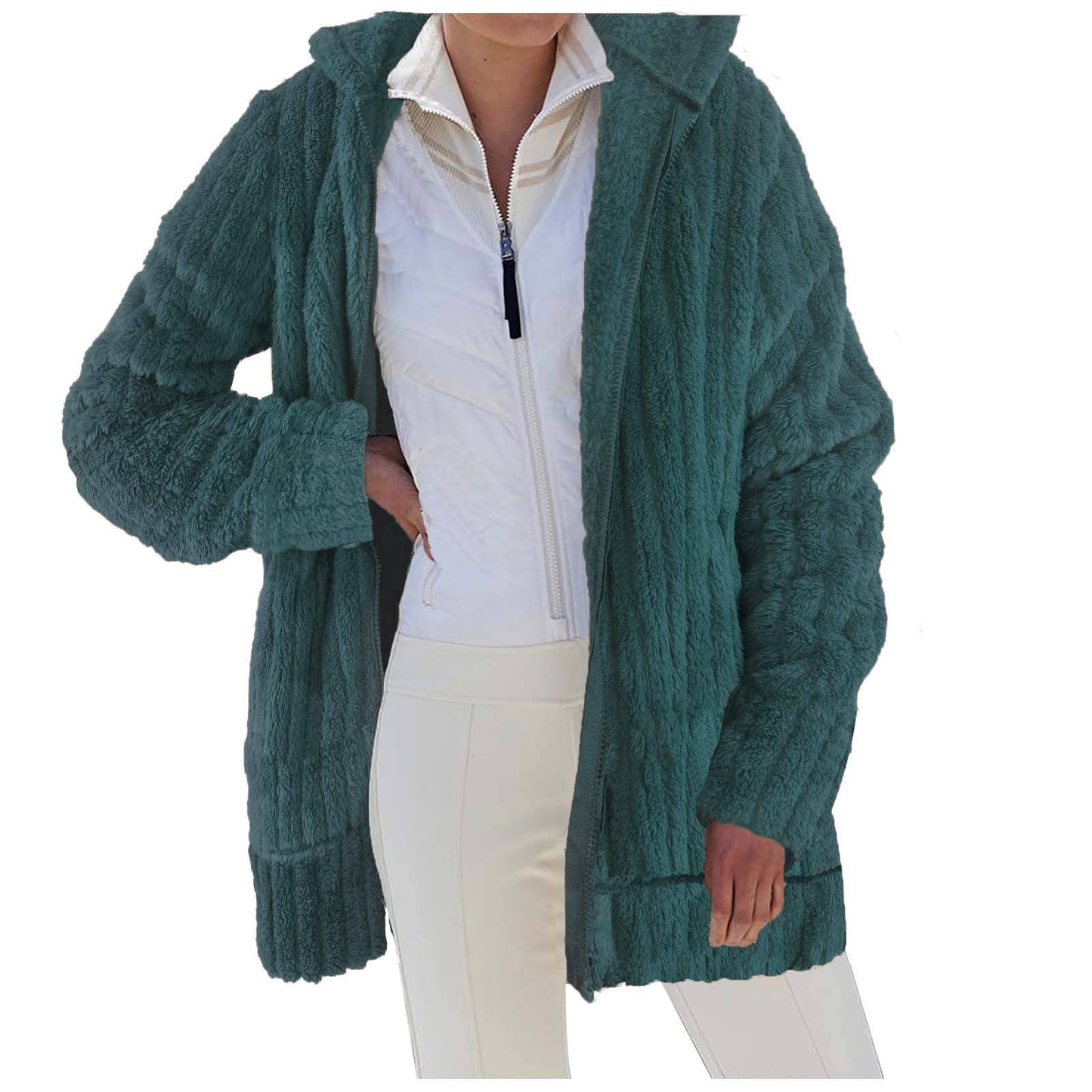 WARM PLUSH MID-LENGTH COAT WITH SOLID LAPELS