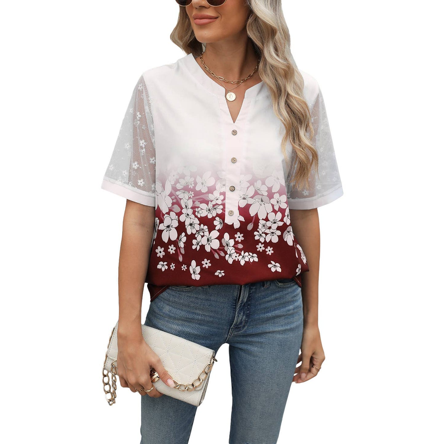 V-neck printed chiffon top with lace sleeves