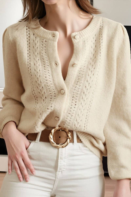 CWOCAL00711_SOLID CROCHET HOLLOW KNIT BUTTON-UP CARDIGAN