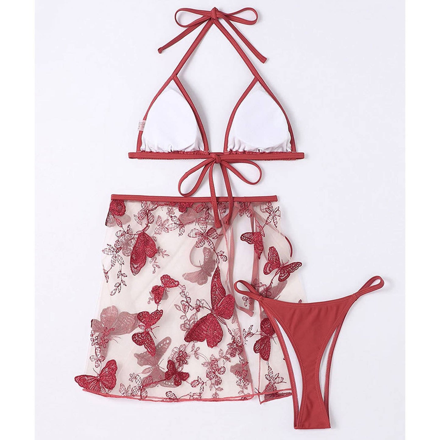 Butterfly Embroidery Mesh 3Pcs/Set Bikini Swimwear_CWMW0781