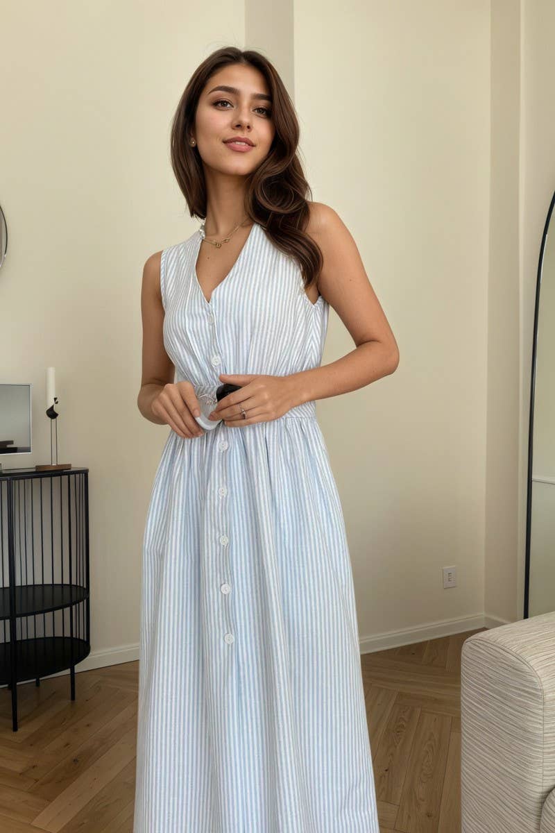 CWDMD6400_STRIPED PLEATED V-NECK SLIT WAIST DRESS