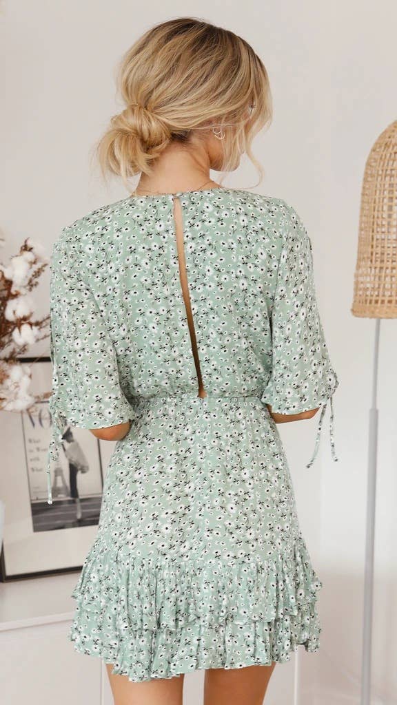 PRINTED SMALL FRESH SWEET V-NECK SHORT DRESS