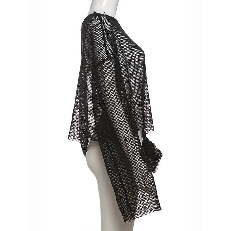 Sheer One Shoulder Mesh Long Sleeve Top