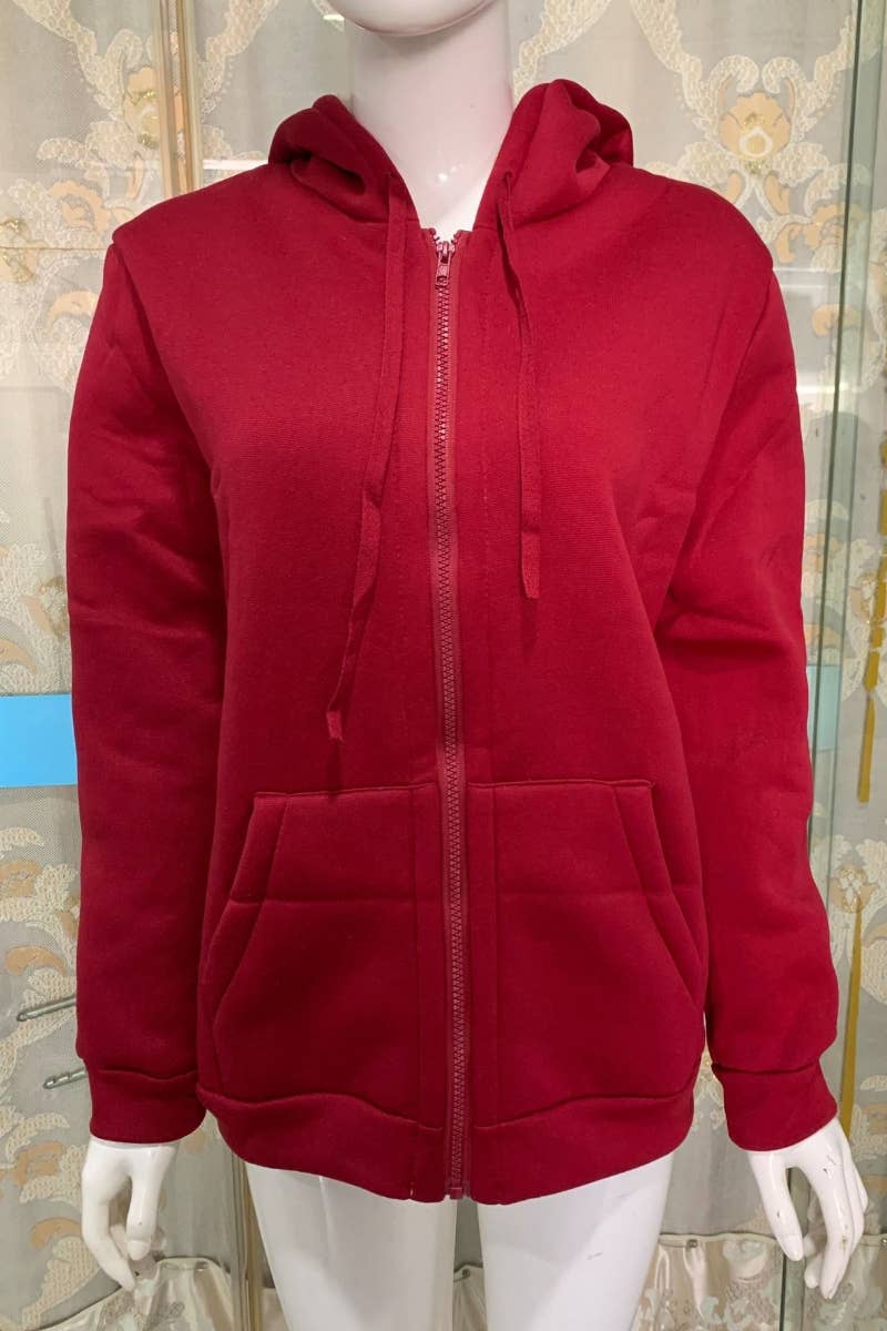 CWOHOL0284_ZipUp Open Front Hoodie In Fleece Long Sleeve Top