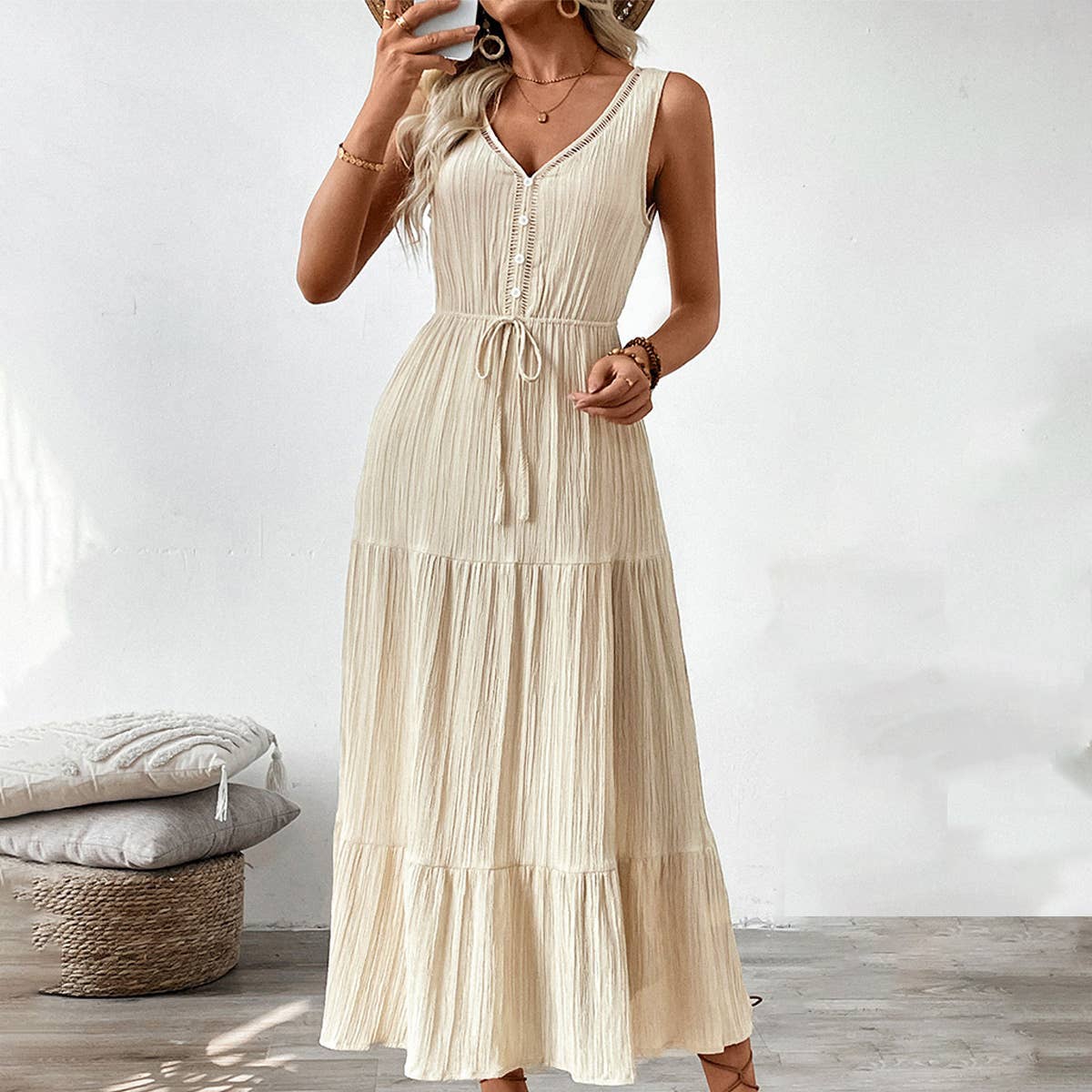 Textured sleeveless beach casual vacation dress