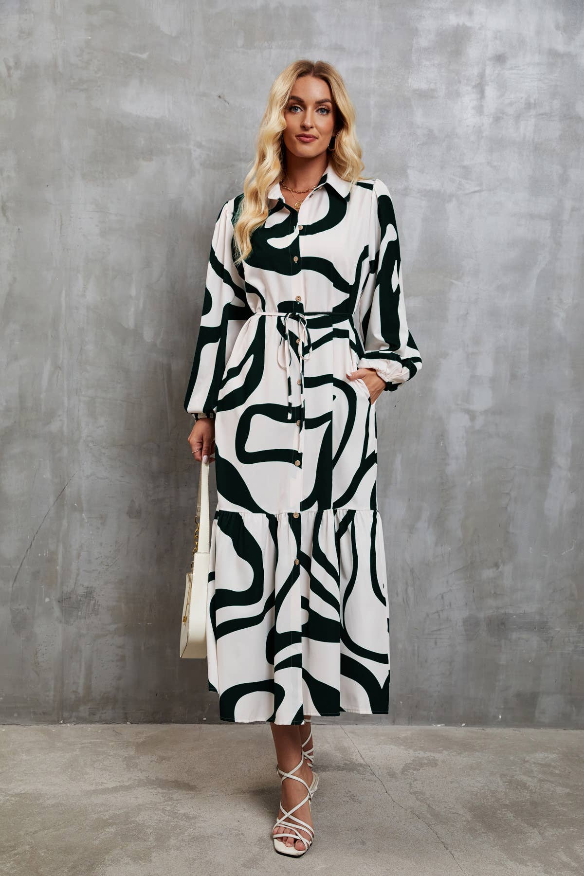 PRINT LOOSE LACE-UP SHIRT DRESS