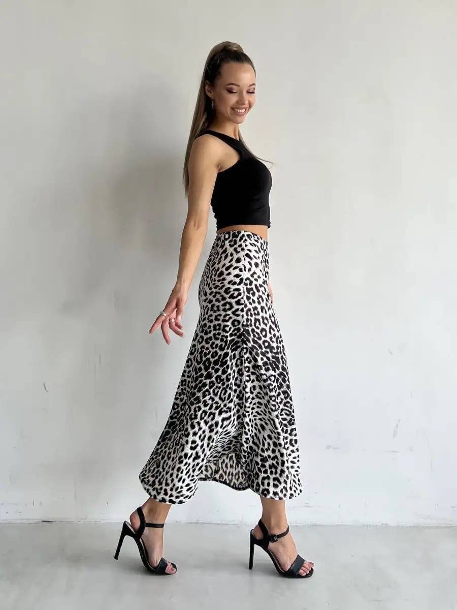 SEXY SATIN LEOPARD PRINT HIGH-WAISTED SKIRT