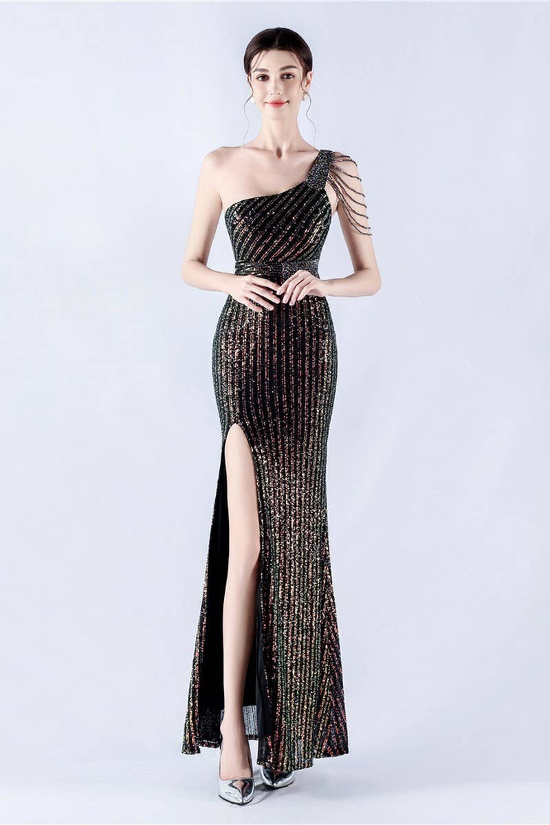 CWDMD4826_ONE-SHOULDER OFF-SHOULDER HIGH-SLIT SEQUINED DRESS