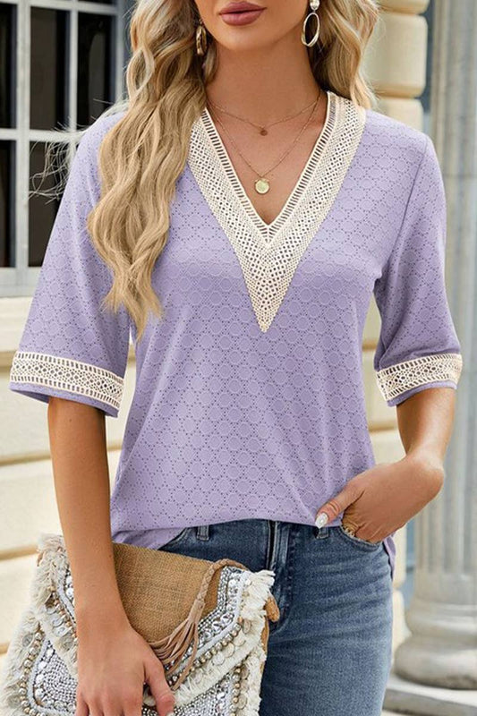 V NECK LACE STITCHING SOLID COLOR LOOSE TOP_CWTSTS0187