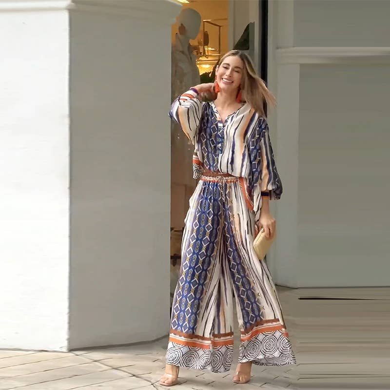 PRINTED LAPEL LONG SLEEVE STRAIGHT PANTS SUIT