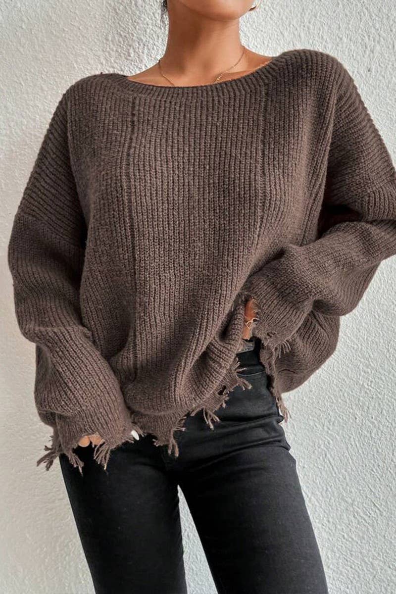 CWOSWL07632_LOOSE-FITTING DISTRESSED RAW-EDGE KNIT TOP