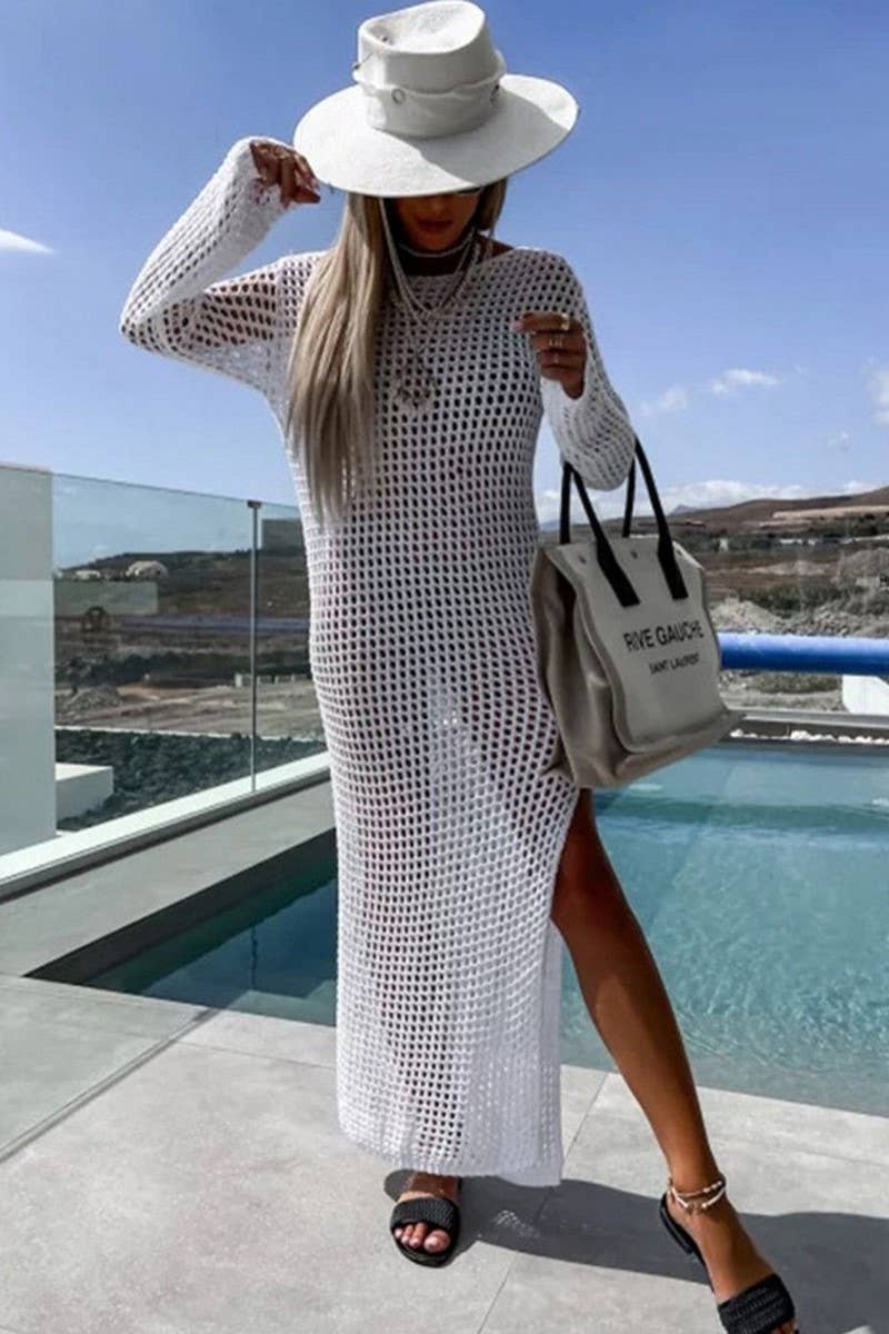 CWDMD4286_KNITTED HOLLOW BEACH BIKINI COVER-UP DRESS