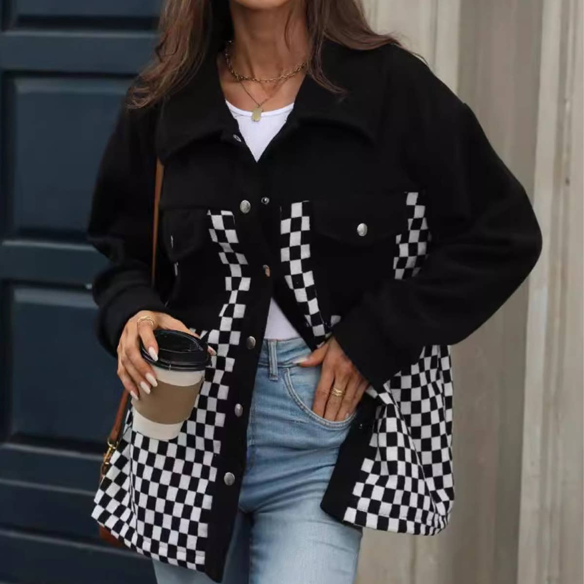 SINGLE BREASTED LONG SLEEVE FLEECE PLAID COAT