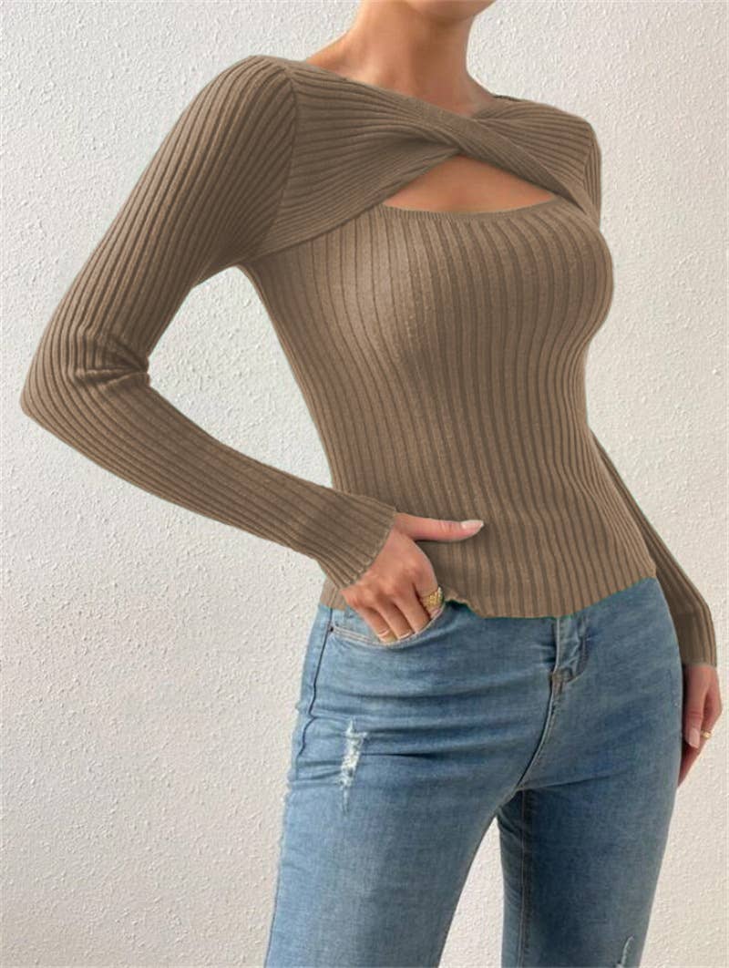 Sexy cut-out pullover solid-color knitted top