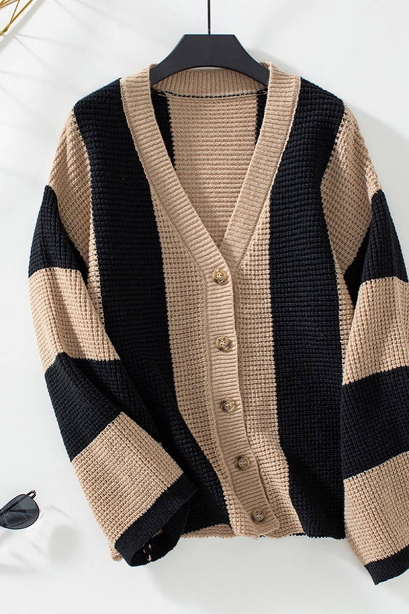 CWOCAL0833_CONTRAST STRIPE LOOSE CARDIGAN SWEATER