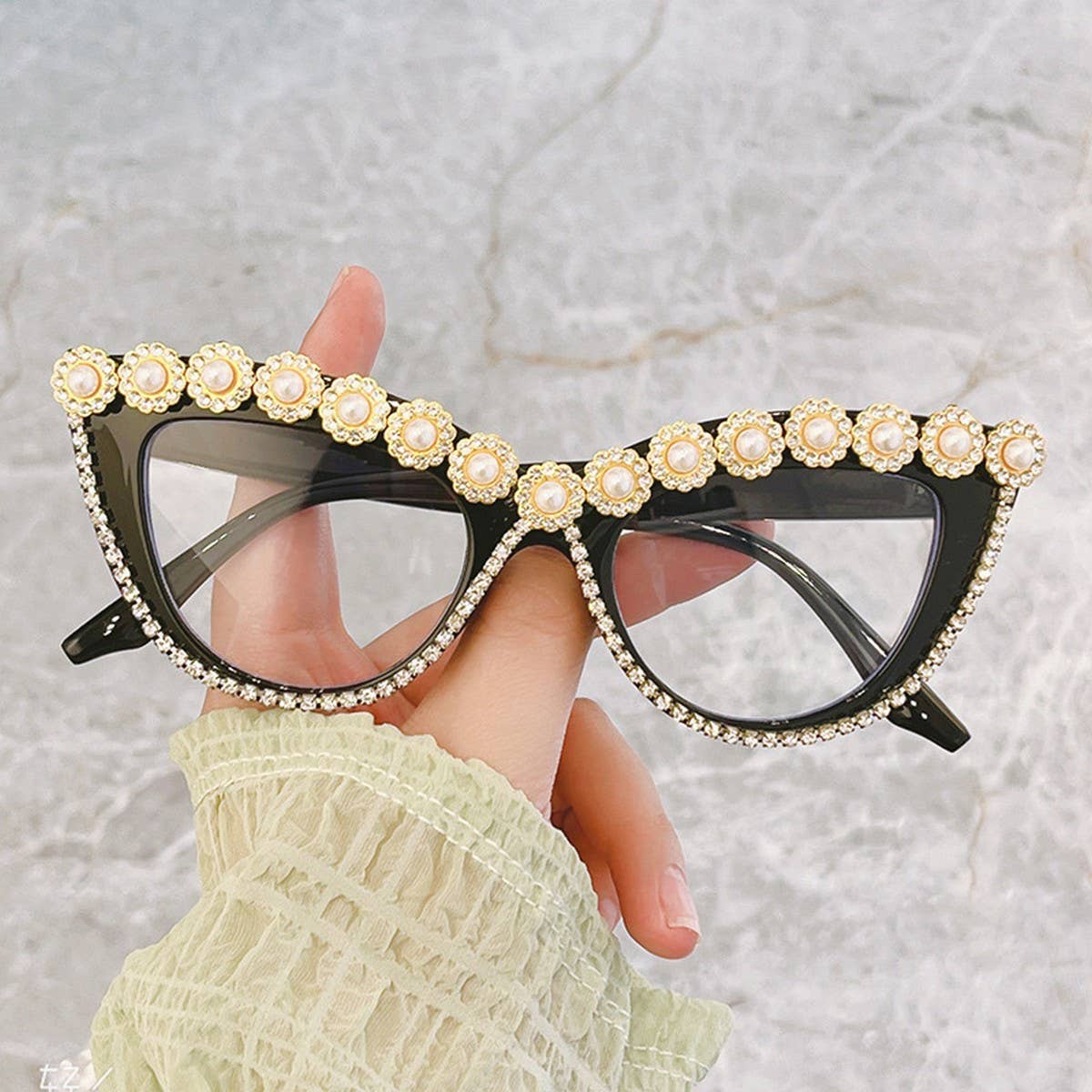 HANDMADE RHINESTONE PEARL RETRO CAT-EYE SUNGLASSES