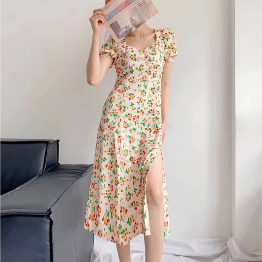 French Cherry Print Short Sleeve Split Dress