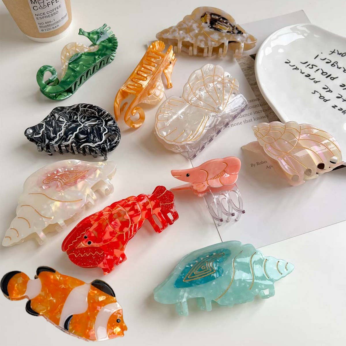 Sea Shell & Lobster Hair Claw, Ocean Animal Clip