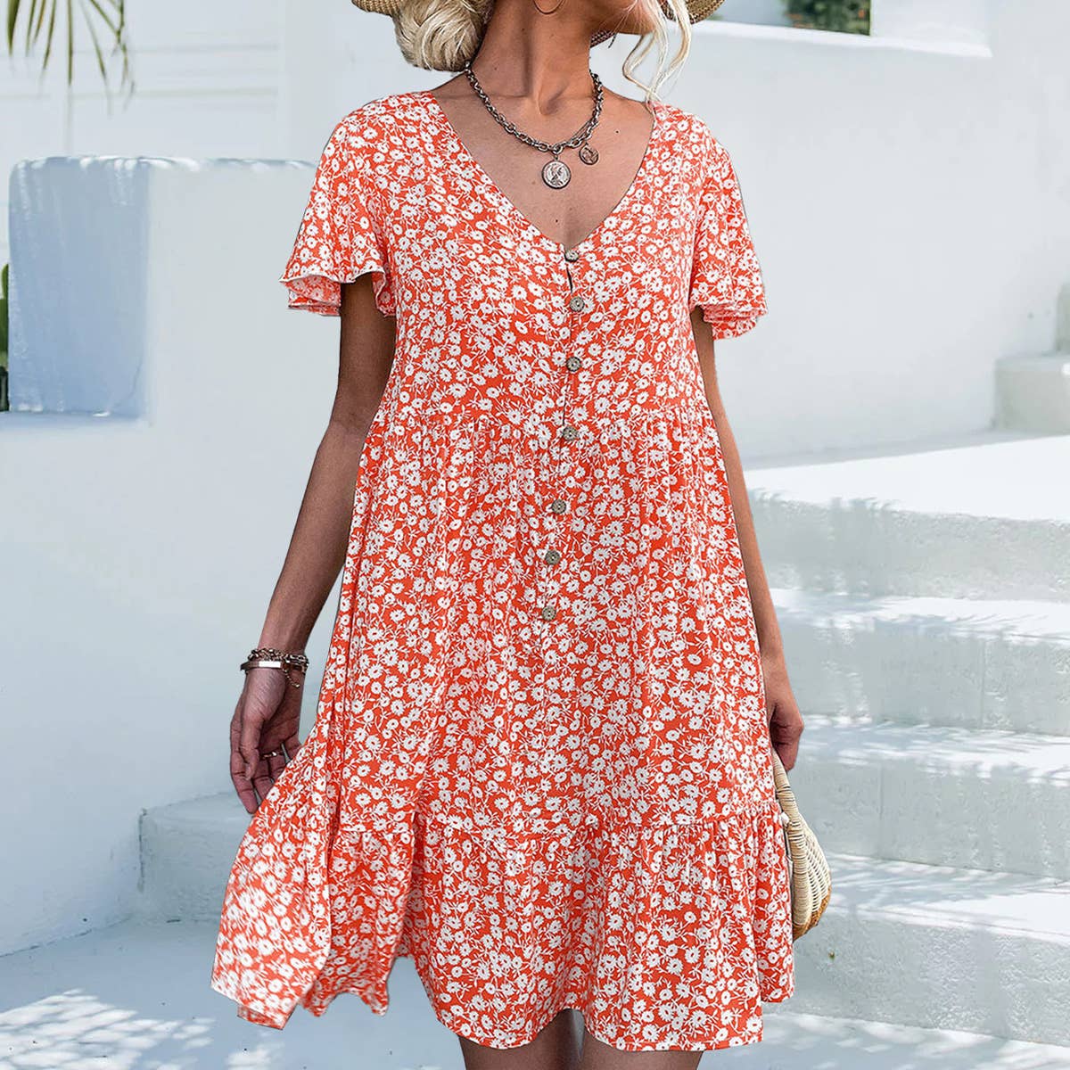 Single breasted V-neck floral loose short dress