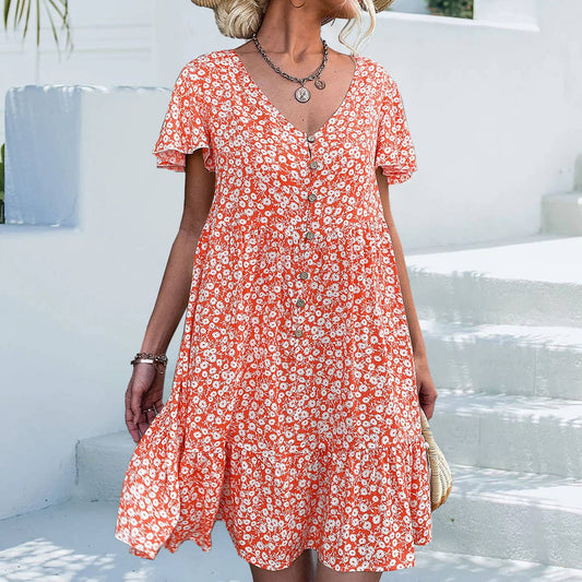 Single breasted V-neck floral loose short dress