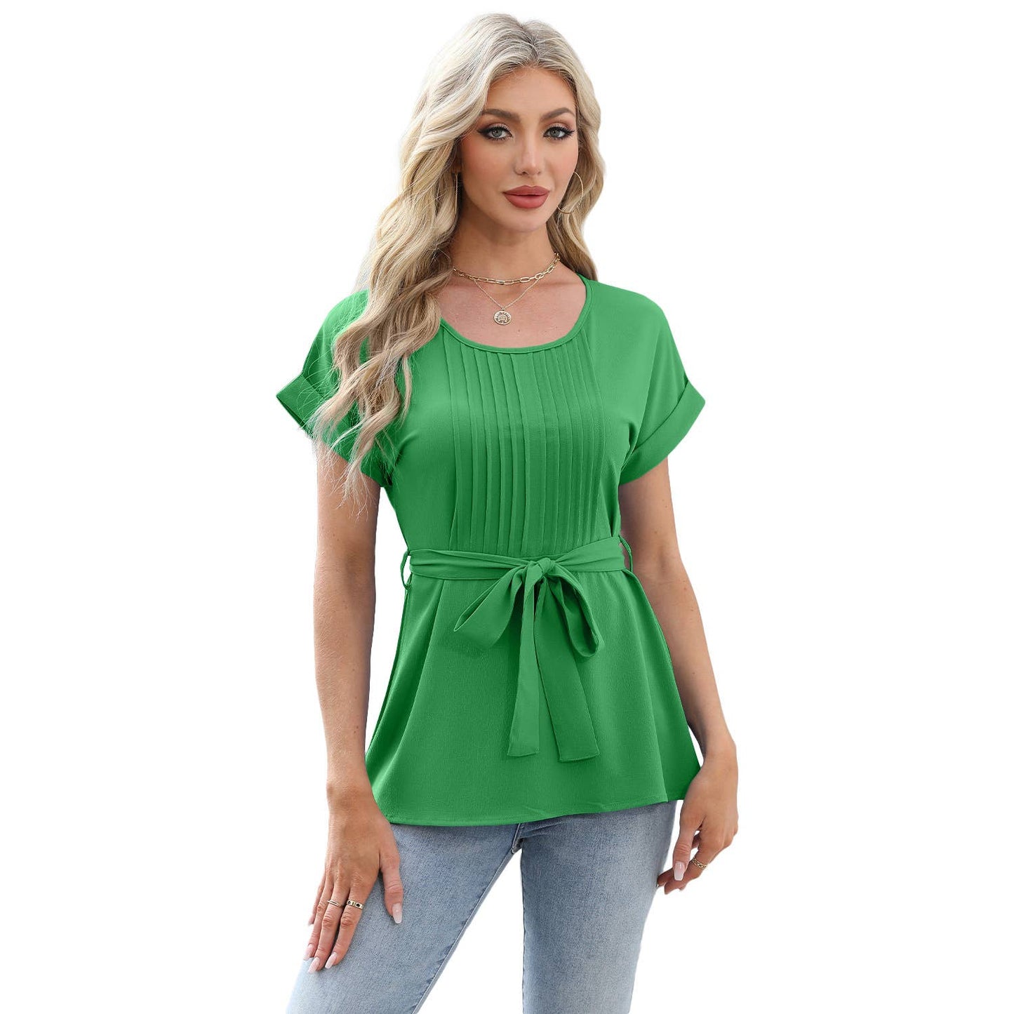 Ruffled round neck short sleeved casual shirt