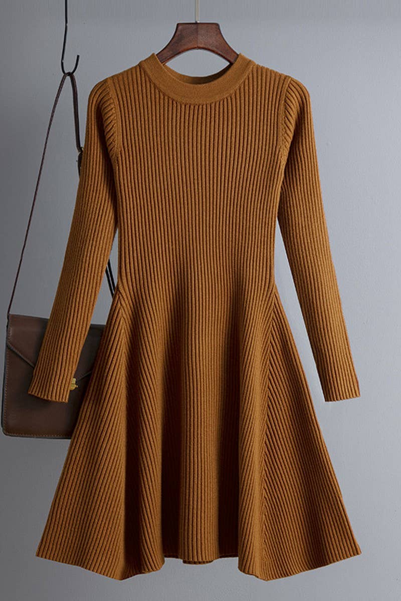 CWDSD10804_SOLID KNIT LONG SLEEVE A-LINE BODYCON DRESS