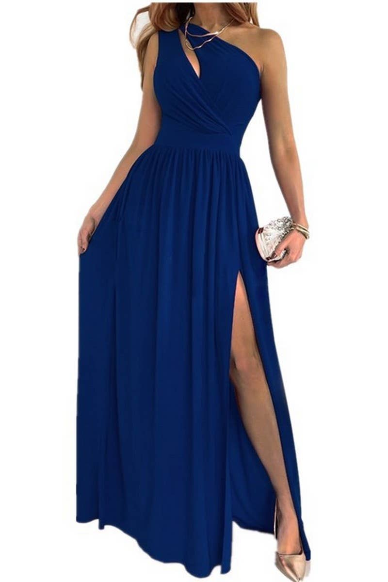 CWDMD6444_HIGH WAIST SLEEVELESS ONE SHOULDER SLIT MAXI DRESS