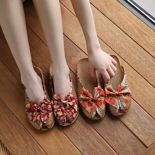 Summer Woven Linen Bow Mules for Home