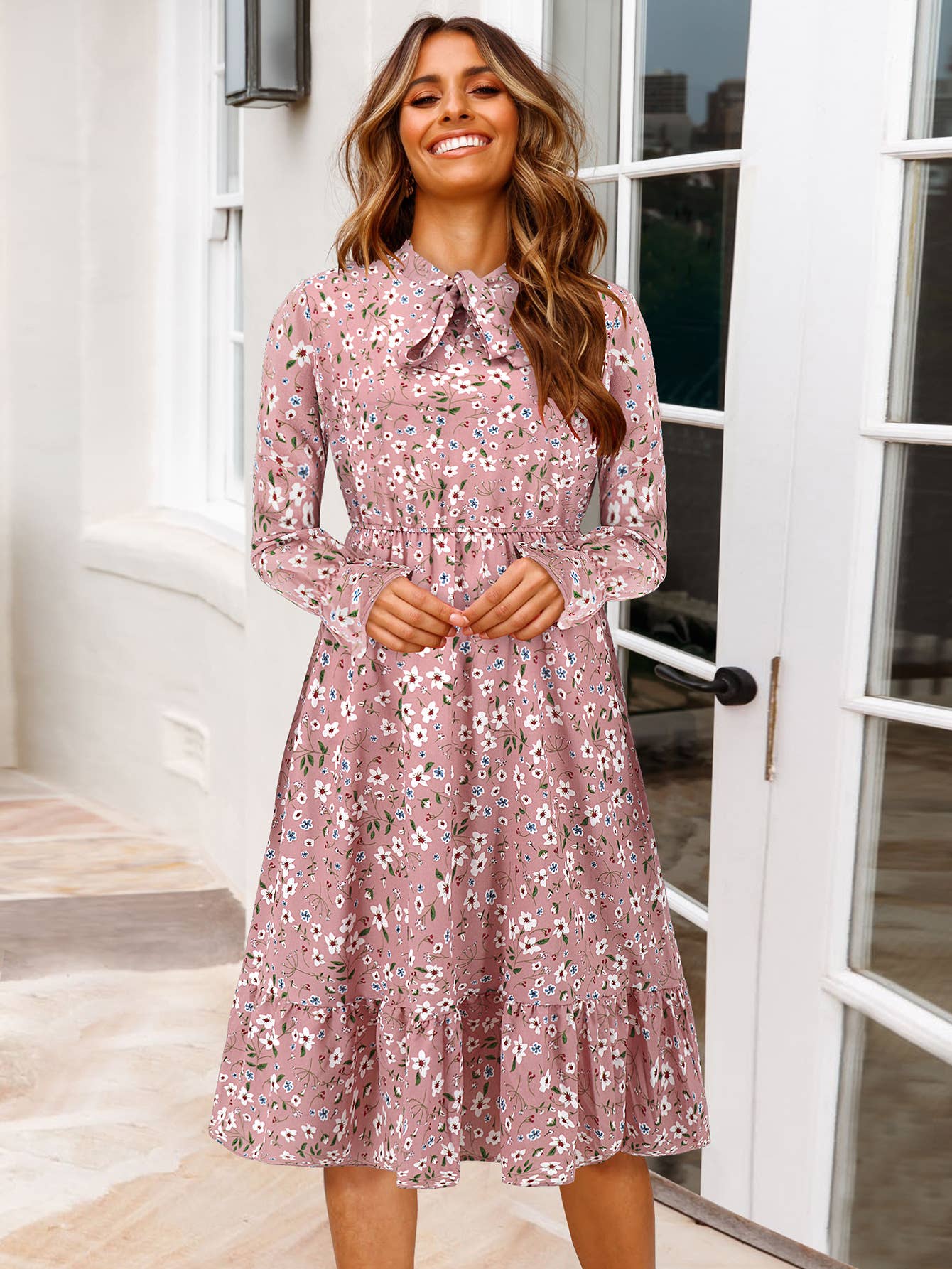 Waist-Cinched Floral Ruffle Bell Sleeve Dress