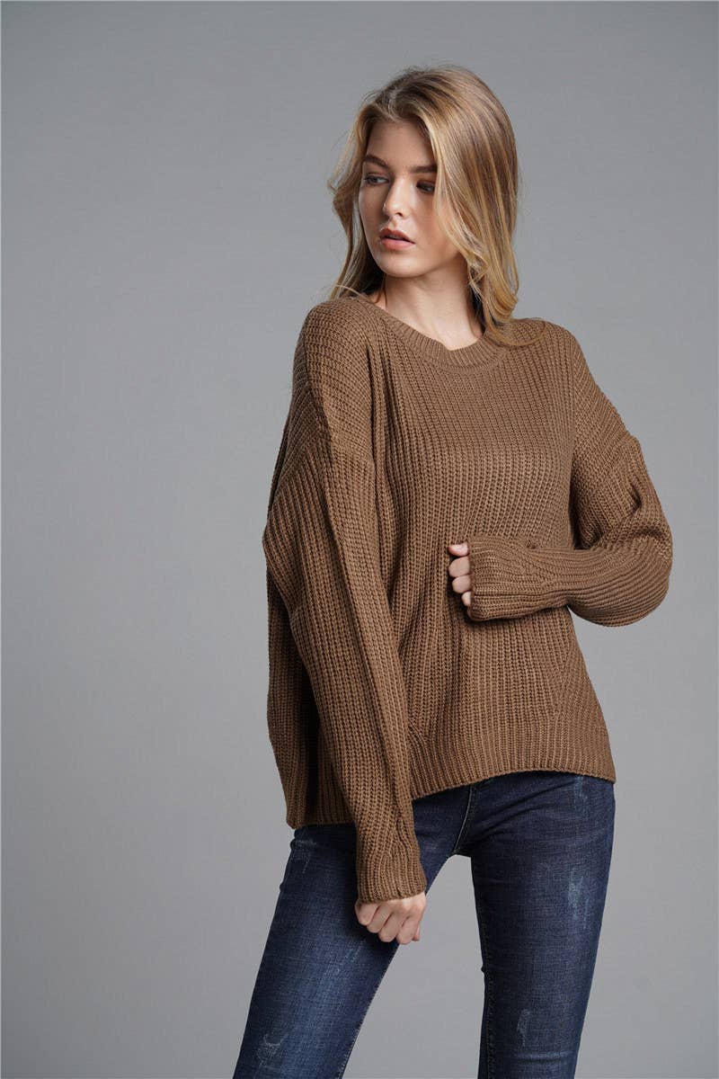 WOMEN'S LOOSE KNIT SWEATER CREW NECK KNIT SWEATER