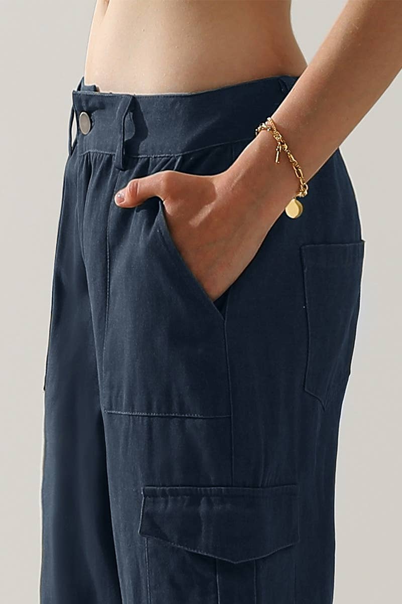 CWBLP421_Cargo Cotton Pants Wide Leg Casual Pants 4 Pockets