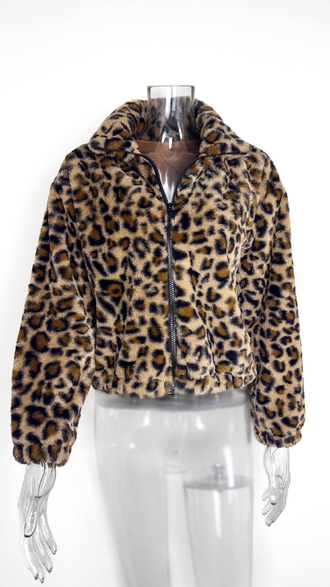 ZIPPER LONG-SLEEVED LEOPARD PRINT FLEECE JACKET