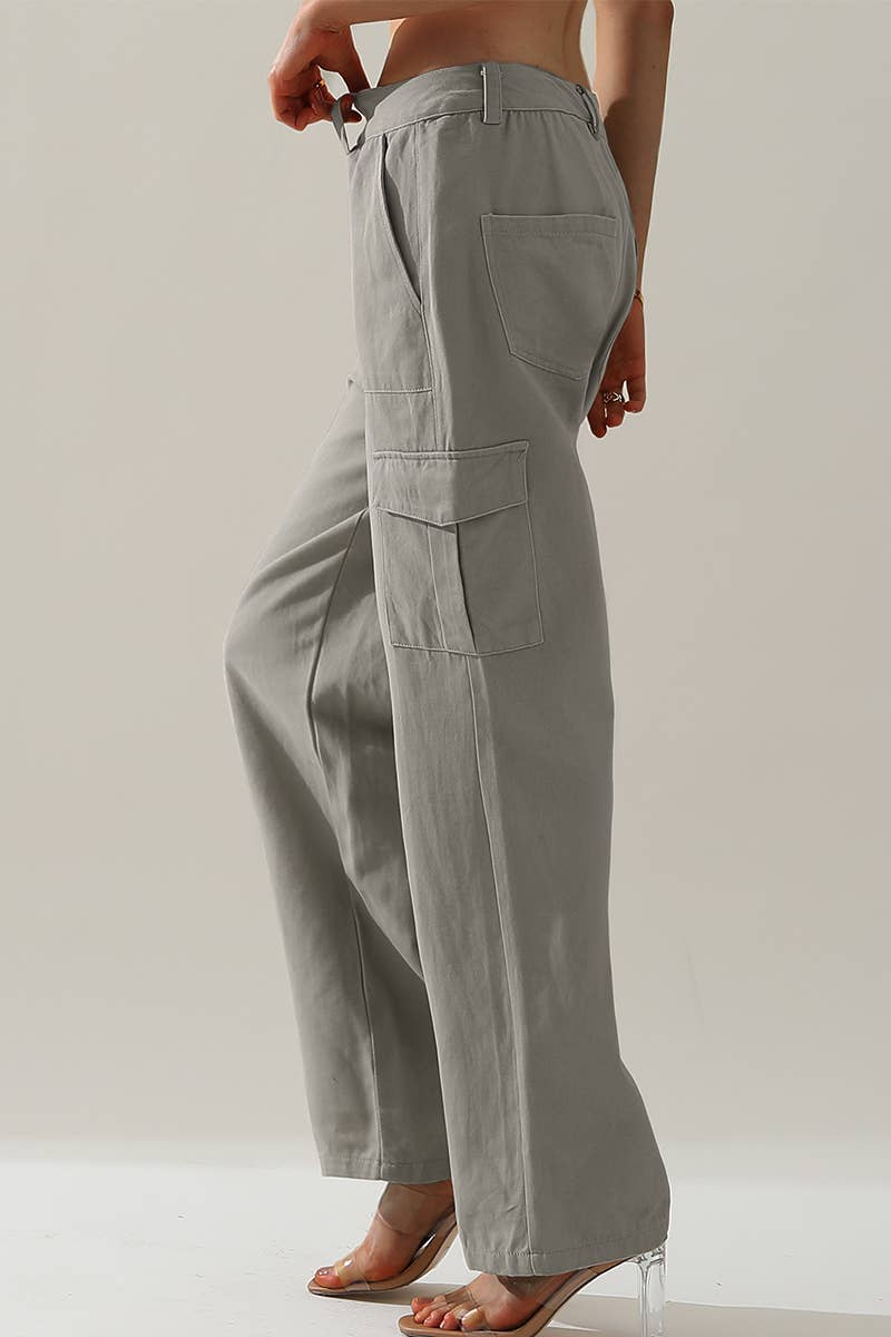 CWBLP421_Cargo Cotton Pants Wide Leg Casual Pants 4 Pockets